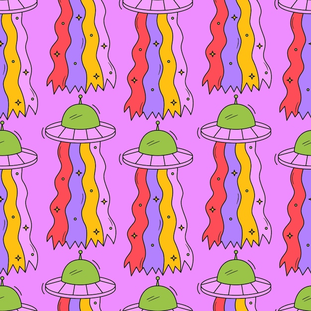 Patrón psicodélico sin costuras con OVNI alienígena trippy Fondo maravilloso de objetos voladores no identificados