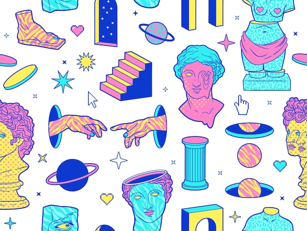 Patrón psicodélico sin fisuras con coloridas esculturas griegas antiguas y elementos geométricos surrealistas