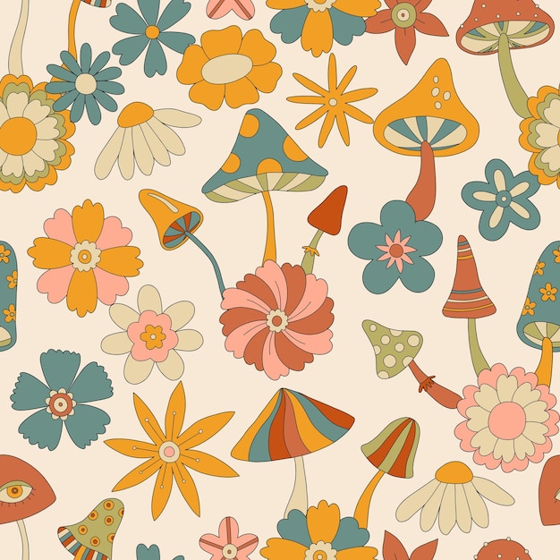 Patrón psicodélico retro con hongos y flores maravillosos Hongos hippie florales Retro 70s 60s