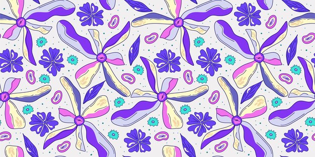 Patrón psicodélico trippy de flor sin costura Patrón sin costura psicodélico púrpura Impresión de margarita floral mágica Diseño trippy ilustración plana floral hippie Impresión retro y2k