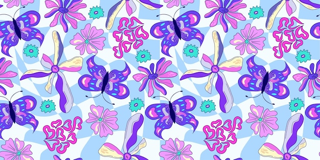 Patrón psicodélico trippy de flores y mariposas sin costura patrón sin costuras psicodélico púrpura estampado de margarita floral mágico diseño trippy ilustración plana floral hippie estampado retro y2k