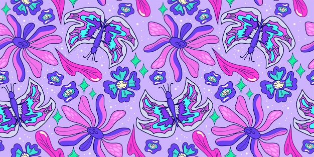 Patrón psicodélico trippy de flores y mariposas sin costura Patrón sin costuras psicodélico púrpura Estampado de margarita floral mágico Diseño trippy Ilustración plana floral hippie Estampado retro y2k