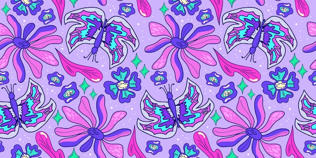 Vector patrón psicodélico trippy de flores y mariposas sin costura patrón sin costuras psicodélico púrpura estampado de margarita floral mágico diseño trippy ilustración plana floral hippie estampado retro y2k