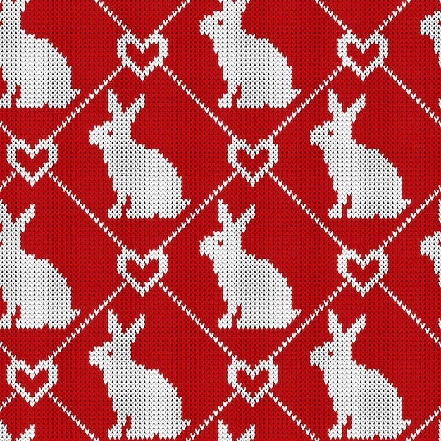 Vector patrón de punto sin costuras con conejo y corazón fondo divertido de navidad