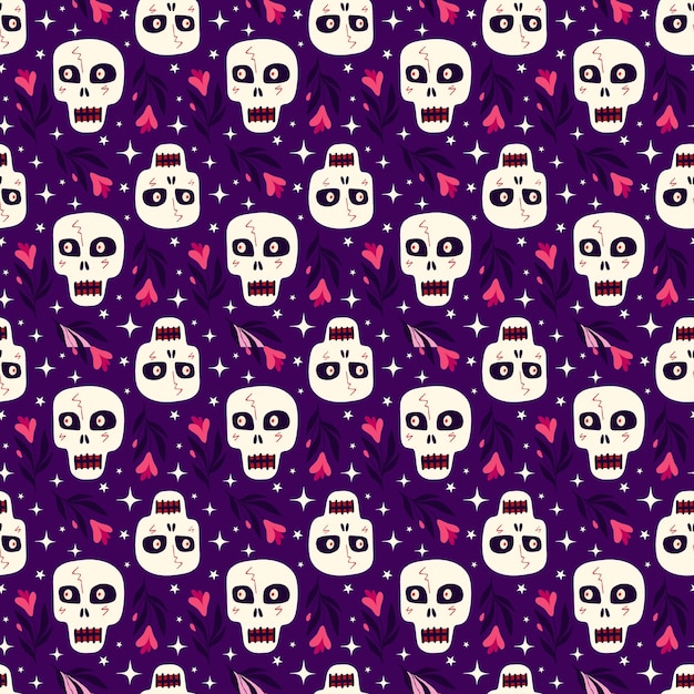 Vector patrón púrpura de halloween con cráneos góticos místicos