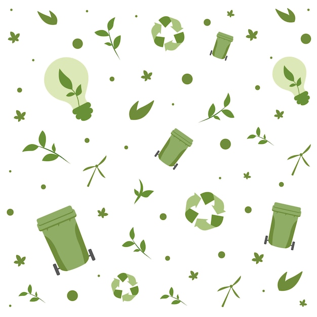 Patrón que muestra símbolos de reciclaje, contenedores de basura verdes y plantas sobre un fondo blanco
