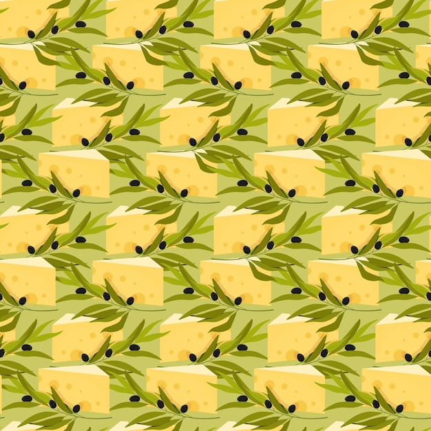 Patrón de queso sin costuras con hojas de olivo y aceitunas