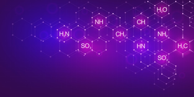 Patrón de química abstracta sobre fondo púrpura con fórmulas químicas y estructuras moleculares. Plantilla con concepto e idea de tecnología de ciencia e innovación.