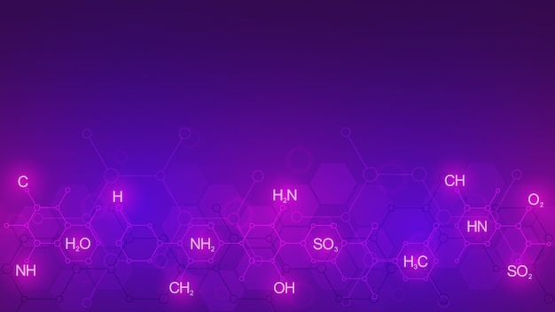 Patrón de química abstracta sobre fondo púrpura con fórmulas químicas y estructuras moleculares. Plantilla con concepto e idea de tecnología de ciencia e innovación.