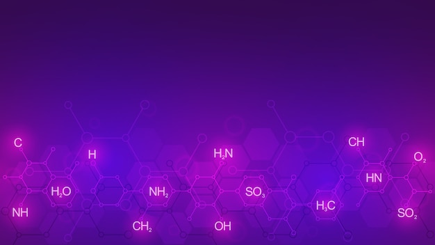 Patrón de química abstracta sobre fondo púrpura con fórmulas químicas y estructuras moleculares. plantilla con concepto e idea de tecnología de ciencia e innovación.