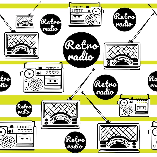 Patrón de radio retro en garabato de boceto con rayas amarillas Receptor antiguo con antena atrapa ondas