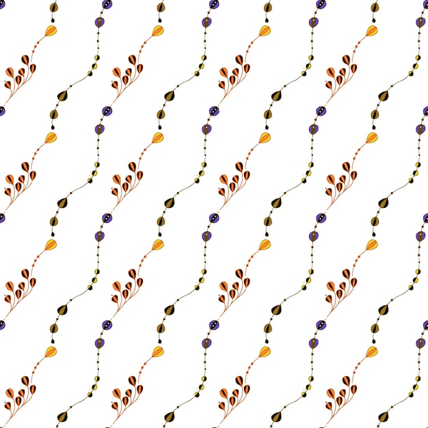 Patrón de rayas diagonales de elementos florales. Brotes de fantasía de color naranja, violeta, negro.