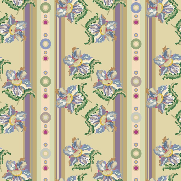 Patrón de rayas florales de vector transparente con flores pastel en rayas beige para papel tapiz o textil