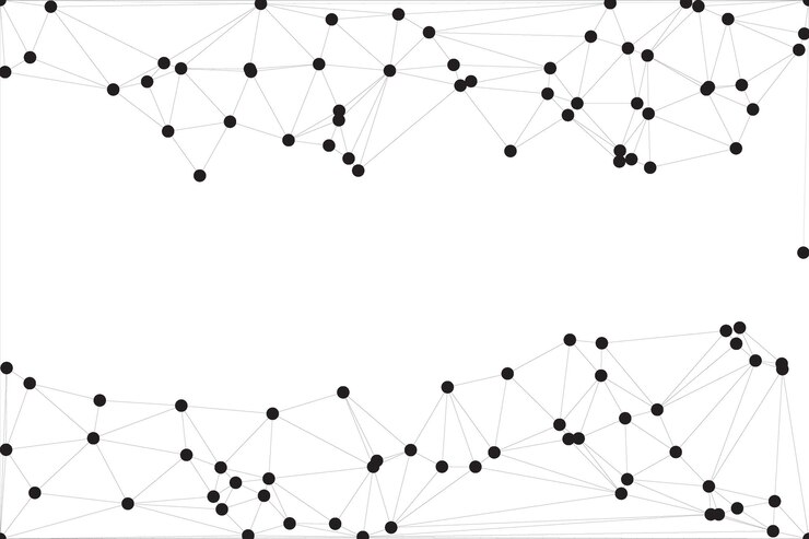 Vector patrón de red geométrica con nodos negros y líneas de conexión en un fondo blanco que representa la comunicación digital moderna y la tecnología en un diseño abstracto