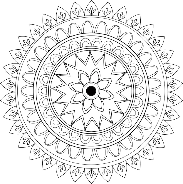 patrón redondo de diseño de mandala con formas dibujadas a mano en contorno blanco y negro