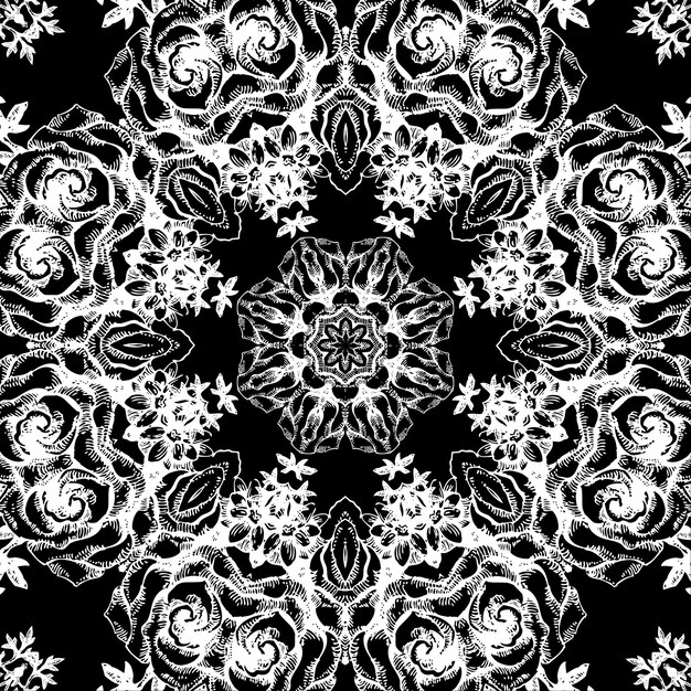 Patrón redondo de encaje decorativo vintage. Adorno floral en estilo barroco. Ilustración dibujada a mano con rosa