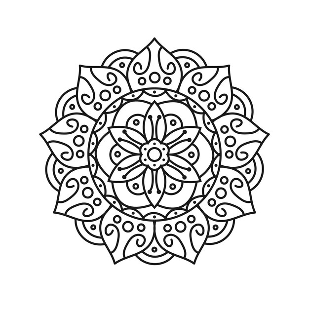 Patrón redondo ornamental Mandala de contorno negro sobre un fondo blanco