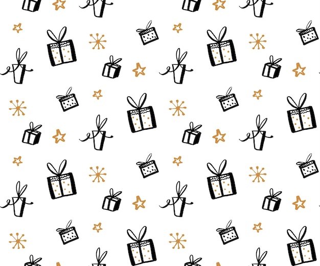 Patrón de regalo, textura fluida con ilustraciones dibujadas a mano de cajas presentes. Fondo de regalos de vector.