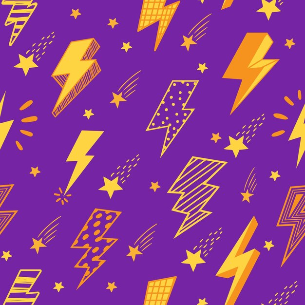 Patrón de relámpagos Impresión sin costuras con elementos de clipart de rayo de dibujos animados de varias formas energía eléctrica y símbolos de huelga de trueno Textura vectorial
