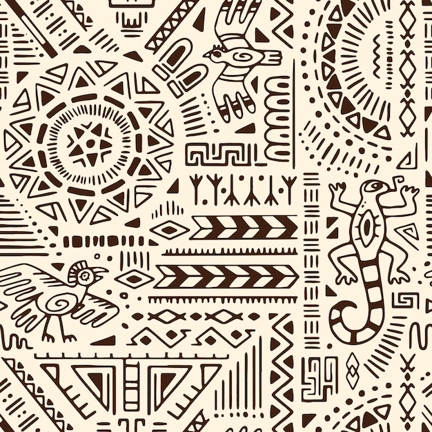Patrón repetible de arte mural antiguo con símbolos aztecas Fondo interminable de adornos tribales elementos étnicos signos impresión tradicional de las tribus incas o navajos Ilustración vectorial sin costuras plana