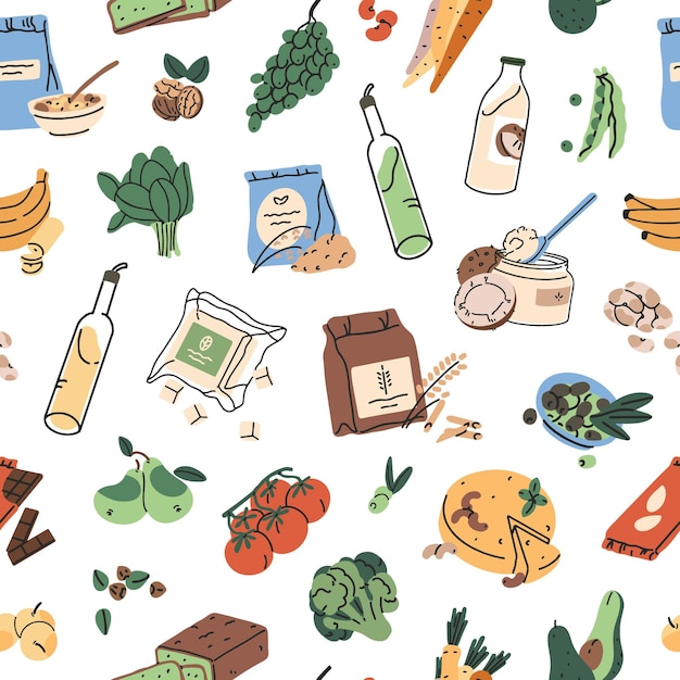 Patrón repetible de comida vegetariana saludable Fondo sin fin de productos de comestibles orgánicos para veganos Vegetales frutas soja tofu aceite de oliva y leche Ilustración vectorial sin costuras plana