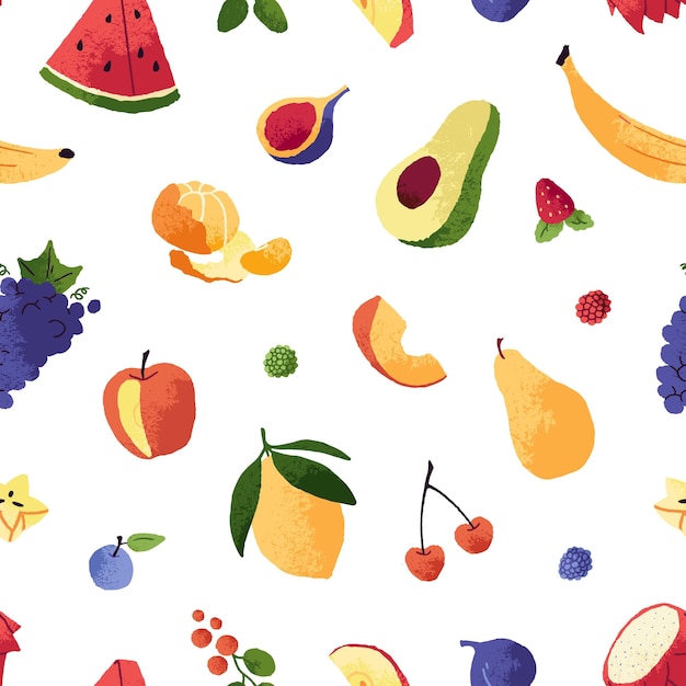 Patrón repetible de diferentes frutas y bayas tropicales Fondo sin fin con alimentos frescos exóticos aguacate plátano uva sandía Diseño de fondo de verano Ilustración vectorial sin costuras plana