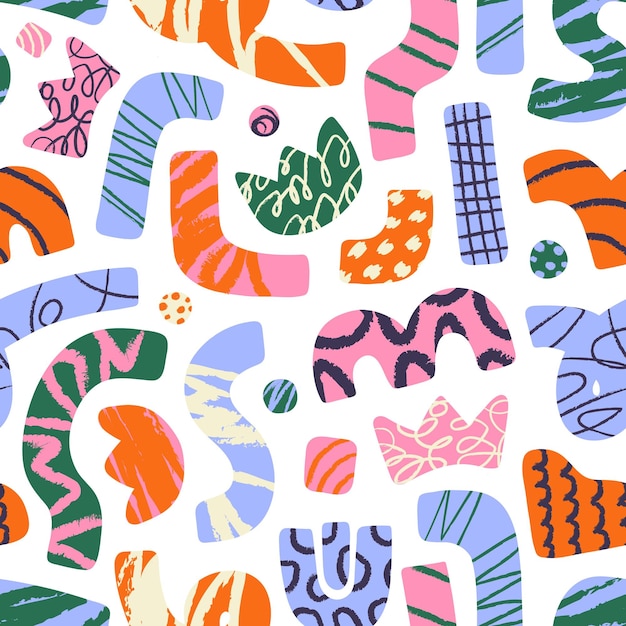 Patrón repetible de diferentes garabates Fondo sin fin de formas geométricas abstractas líneas curvas figuras torcidas elementos están adornados con garabates Ilustración vectorial sin costuras plana