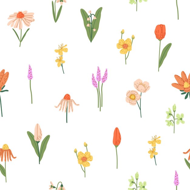 Patrón repetible de flores de prado Flores silvestres impresión interminable Diferentes plantas de campo perdiz de nieve tulipanes pétalos Flora silvestre en fondo blanco Decoración floral Ilustración vectorial plana sin costuras