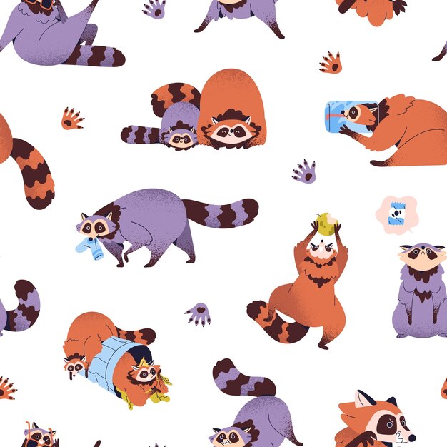 Patrón repetible de mapaches lindos mapaches traviesos se divierten en el contenedor de basura animales del bosque divertidos juegan con frascos vida silvestre divertida en un fondo sin fin ilustración vectorial sin costuras plana