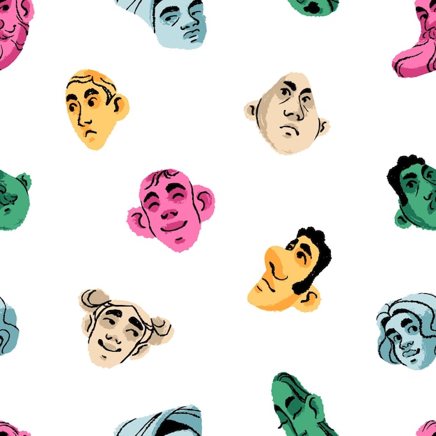 Patrón repetible de rostros con diferentes expresiones faciales Fondo sin fin con cabezas abstractas con emociones felices tristes enojadas asustadas Varios estados de ánimo de las personas Ilustración vectorial plana sin costuras