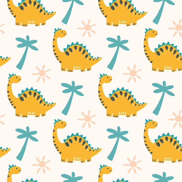 Patrón de repetición sin costura infantil vectorial con dinosaurio amarillo dibujado a mano