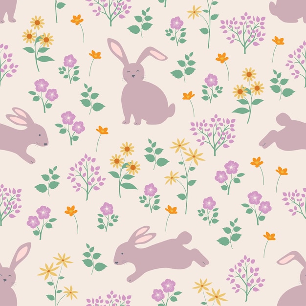 El patrón de repetición sin costuras de Pascua con conejos en flores silvestres