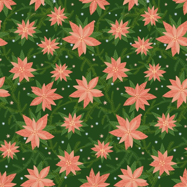 Patrón de repetición sin fisuras con ramitas de abeto y flores de nochebuena ilustración de vector plano dibujado a mano encantadora ...