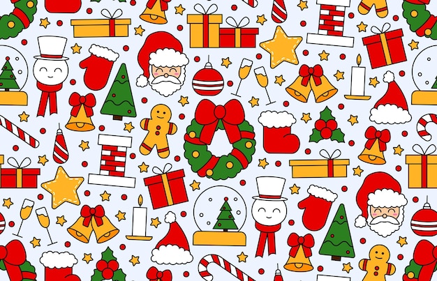 Patrón de repetición sin fisuras con símbolos de Navidad y feliz año nuevo. En estilo tradicional vintage para postal, tela, banner, plantilla para felicitaciones, papel de regalo. Vector ilustración plana.