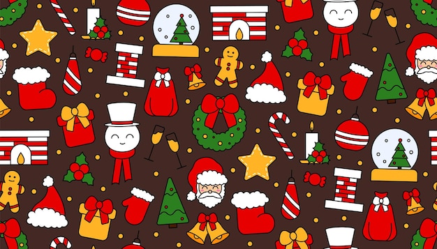 Patrón de repetición sin fisuras con símbolos de Navidad y feliz año nuevo. En estilo tradicional vintage para postal, tela, banner, plantilla para felicitaciones, papel de regalo. Vector ilustración plana.