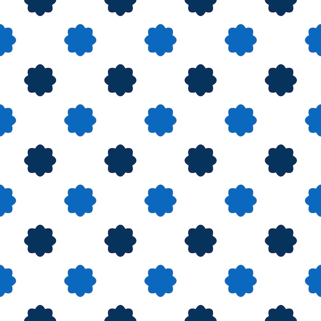 Patrón de repetición geométrica perfecta de flores azules y azul oscuro sobre fondo blanco.