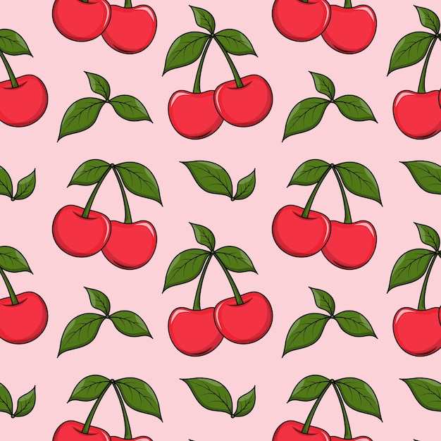 Patrón repetitivo sin costuras de cerezas rojas brillantes con hojas verdes sobre un delicado fondo rosado