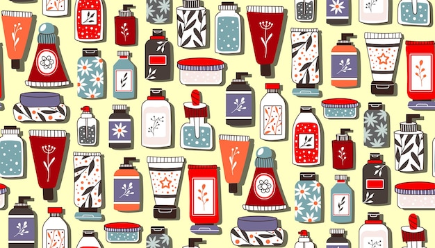 Patrón repetitivo sin costuras con cosméticos Un conjunto de frascos de botellas y tubos para el cuidado de la piel con crema facial y corporal Estilo de moda para una plantilla de banner de postal para papel de regalo Vector