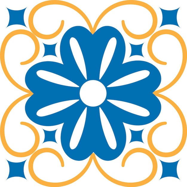 Patrón repetitivo sin costuras de flor azul estilizada con pétalos blancos y adornos amarillos perfecto para papel tapiz textil o diseño de azulejos de cerámica