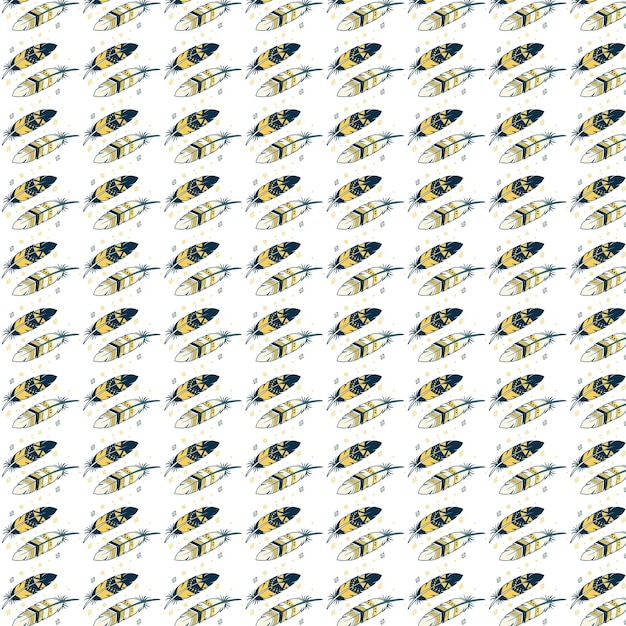 El patrón repetitivo de las plumas tribales en amarillo y azul