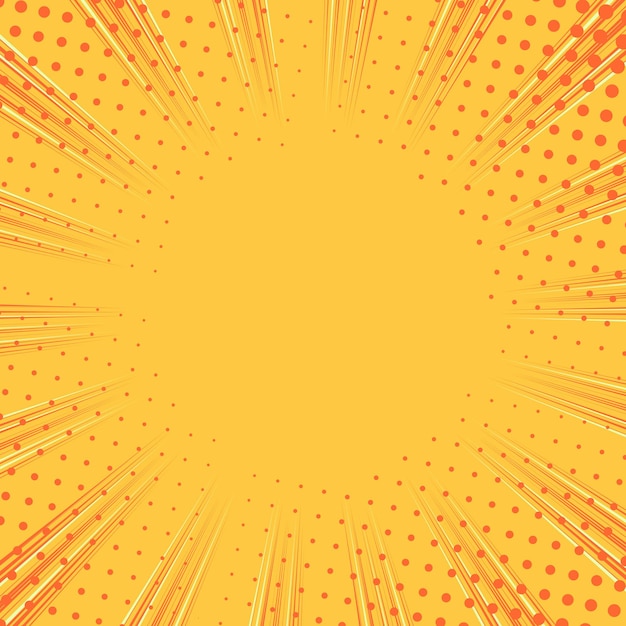 Patrón retro brillante amarillo de arte pop de fondo con puntos rojos y rayos hacia el centro