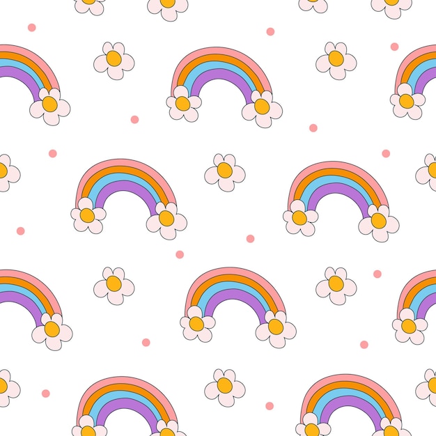 Patrón retro sin costuras en estilo y2k sobre fondo blanco Arco iris de flores dibujados a mano