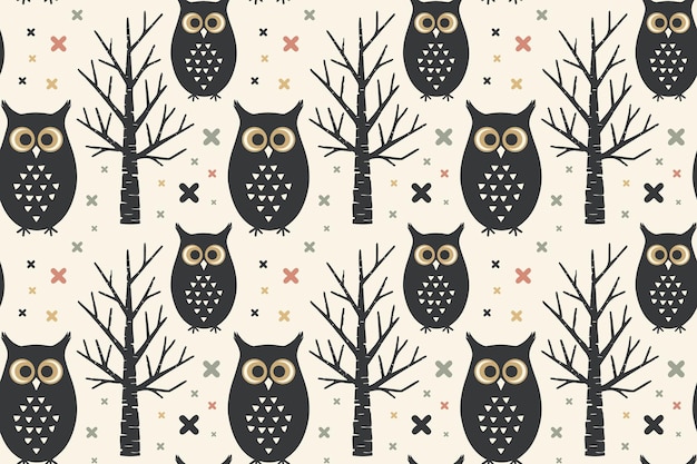 Patrón retro de Halloween con búho y árboles Diseño de fondo festivo sin costuras