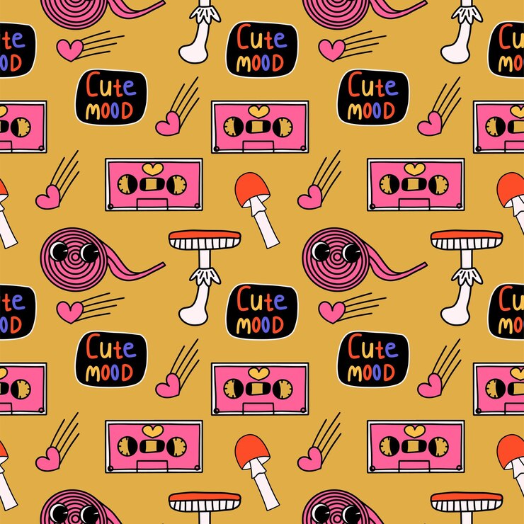Vector patrón retro con objetos de diseño manzanilla nube amanita muscaria