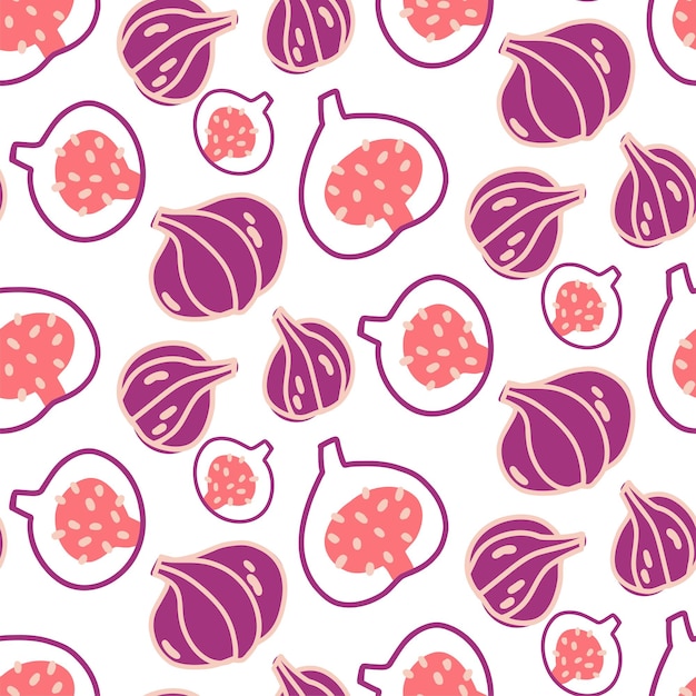 Vector patrón rico sin costuras de higos enteros y frutas cortadas en estilo de dibujos animados en colores púrpura y naranja