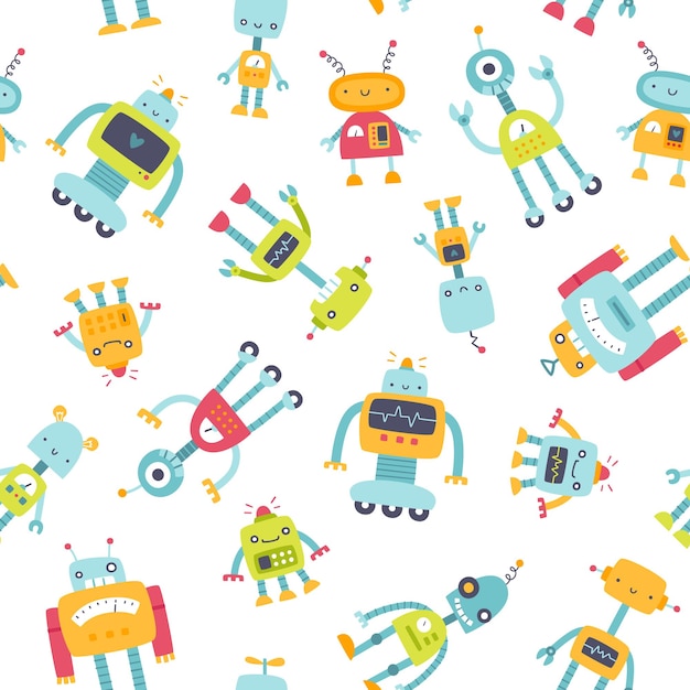 Patrón con robots divertidos para niños Impresión vectorial sin costuras con robots lindos para textiles para bebés