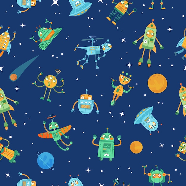 Patrón de robots espaciales sin fisuras. Lindo robot en el espacio con estrellas y planetas, ilustración de dibujos animados coloridos robots divertidos.