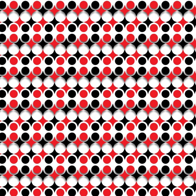 un patrón rojo y blanco con círculos blancos y negros y puntos rojos