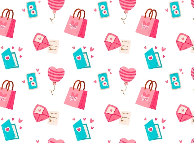 Patrón romántico sin costuras con globos bolsas de regalo y cartas de amor