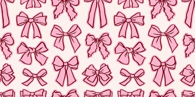 Patrón rosa sin costuras con arcos dibujados a mano nudos de arco cintas de regalo accesorio de trenzas para trenzas de cabello fondo de día de San Valentín telón de fondo de boda caprichoso estilo femenino suave papel de envolver